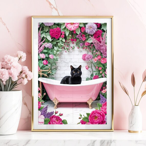 Black Cat Pink Clawfoot Tub Blooming Floral Garden Bathroom Poster