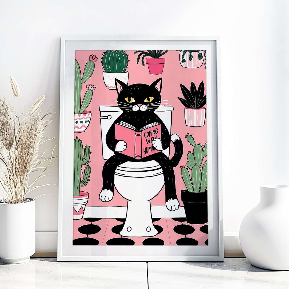 Black Cat Reading Coping With Humans Funny Book Bathroom Poster - Image 5