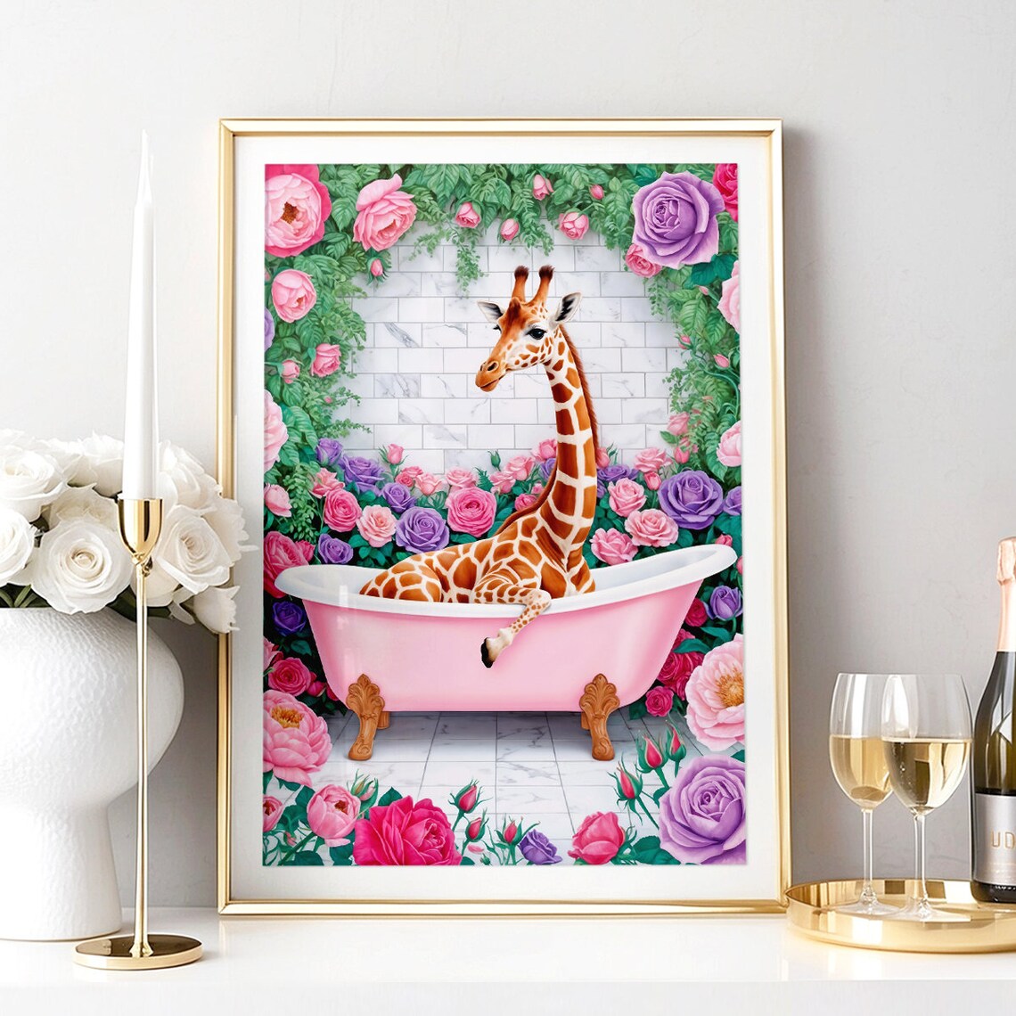 Giraffe Pink Bathtub Roses Funny Maximalist Bathroom Floral Poster - Image 4