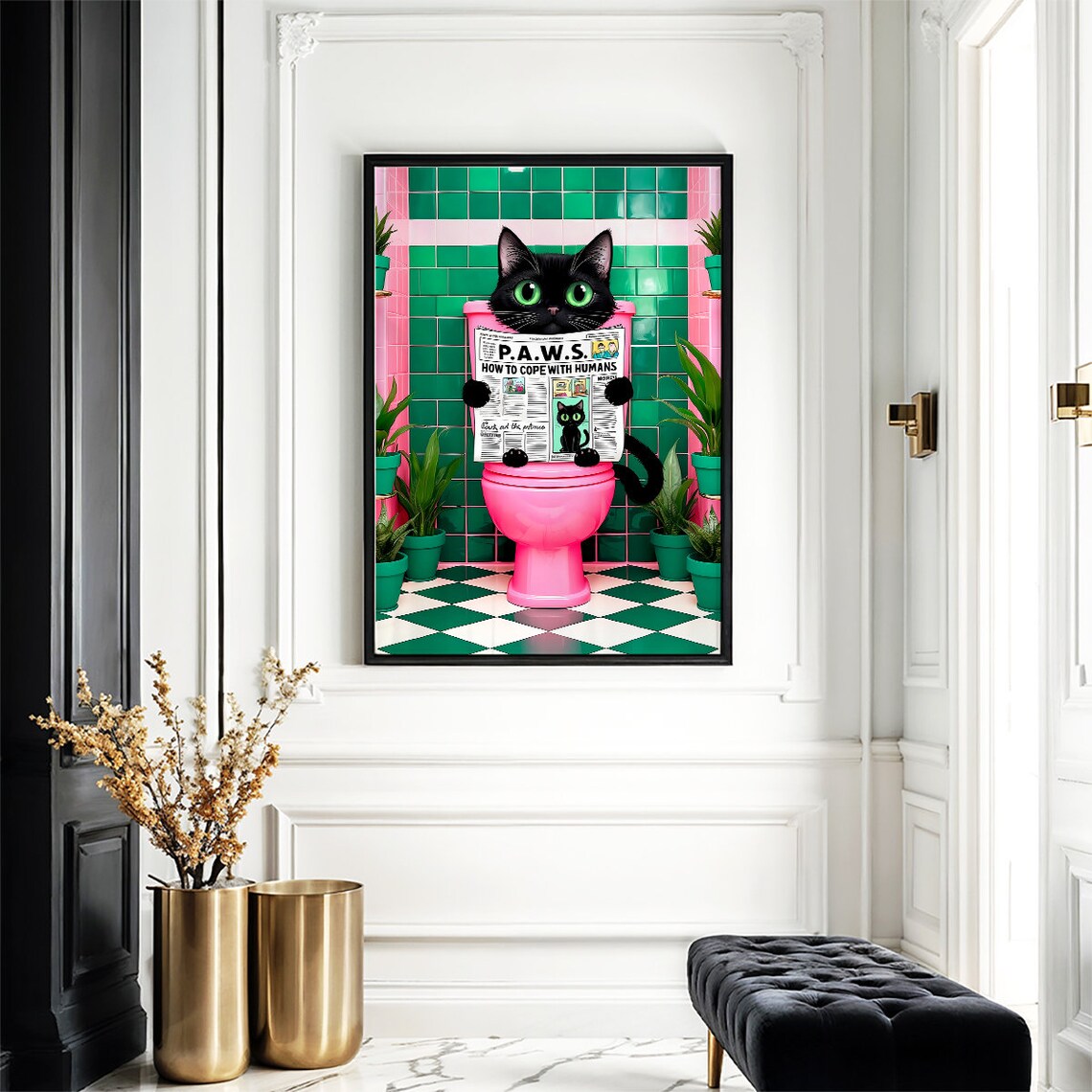 Black Cat on Toilet, Funny Bathroom Art Print - Image 3