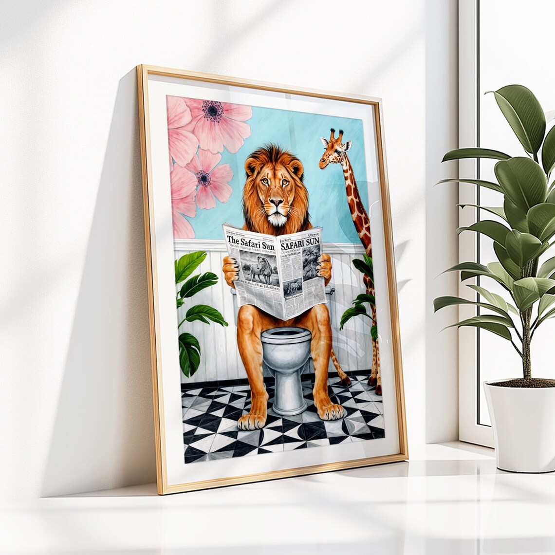 Lion Reading Safari Sun Newspaper Giraffe Funny Bathroom Poster - Image 2