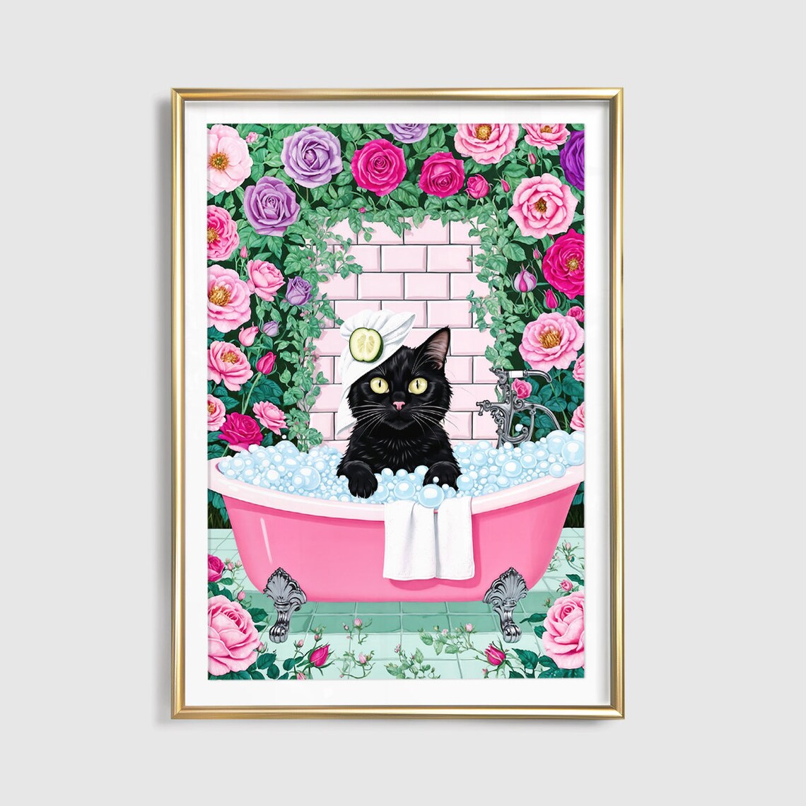 Black Cat In Pink Bubble Bath With Towel Wrap And Roses Poster - Image 3