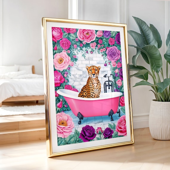Cheetah In Pink Bathtub With Roses Black Fixtures Bathroom Poster