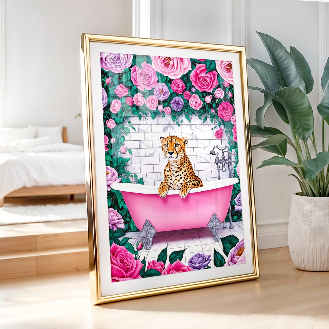 Cheetah Boho Bathroom Art Print, Funny Bath Poster