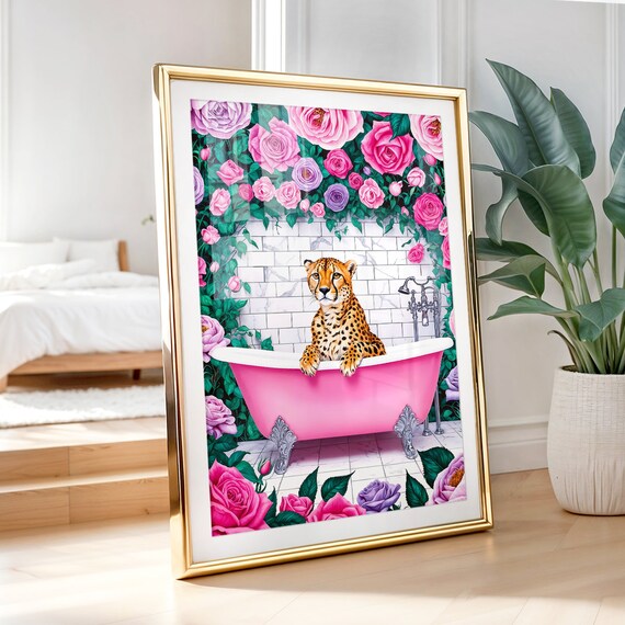 Cheetah Boho Bathroom Art Print, Funny Bath Poster