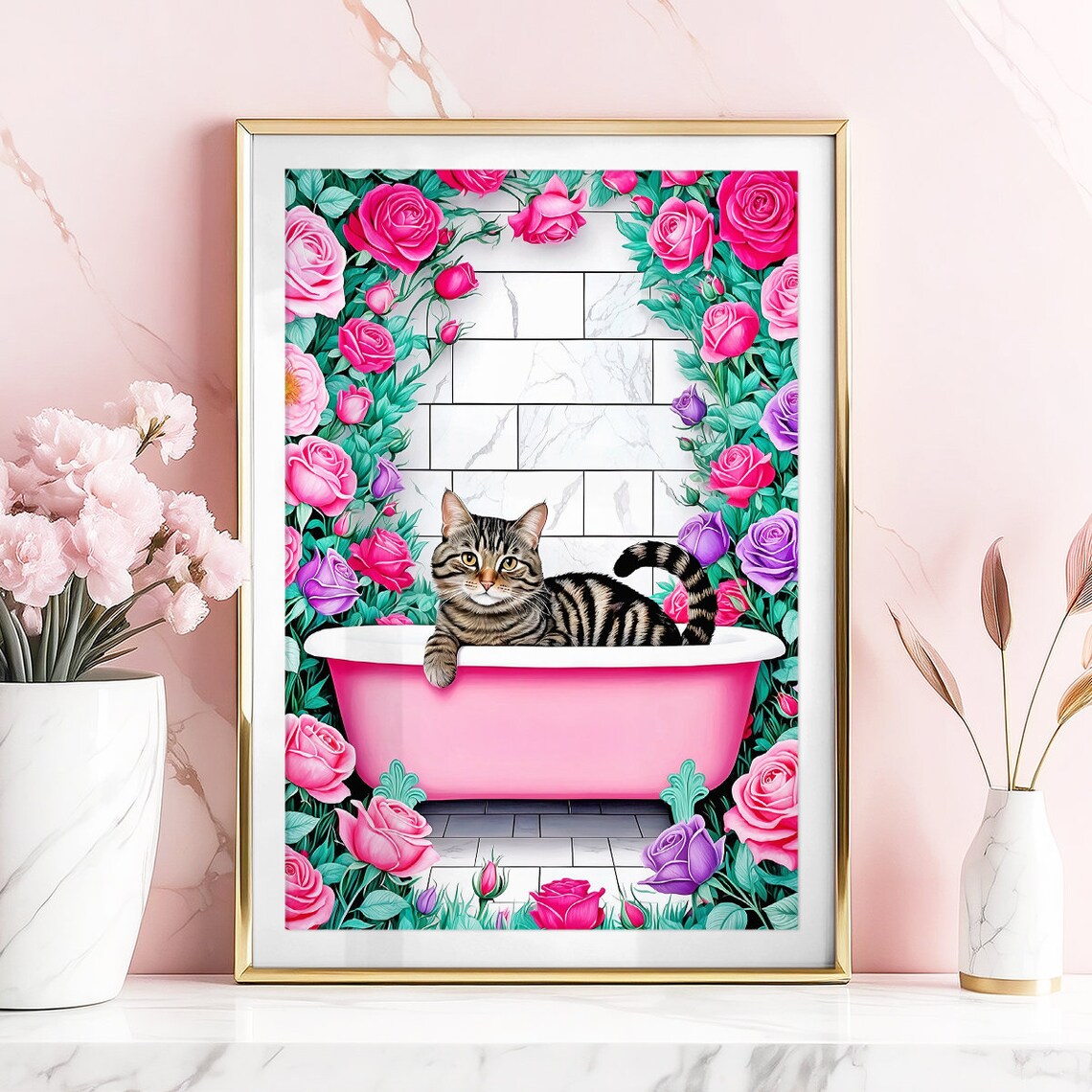Tabby Cat Pink Bathtub Roses Funny Bathroom Floral Wall Poster - Image 4