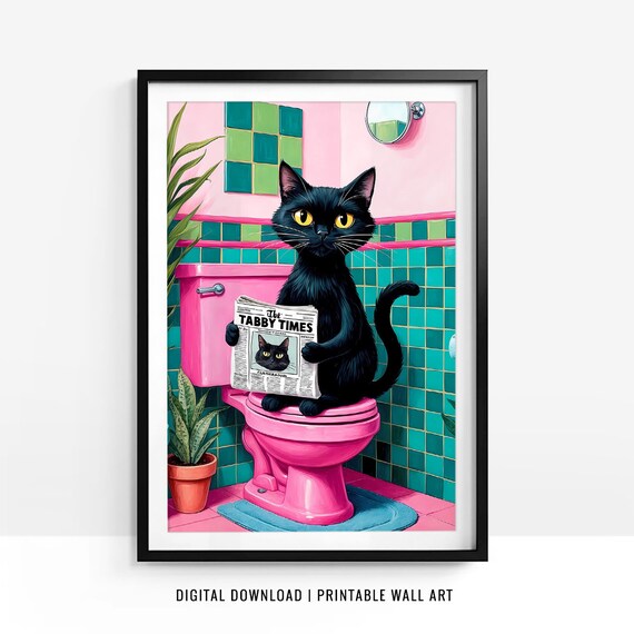 Black Cat Reading Tabby Times Retro Pink Bathroom Humor Poster