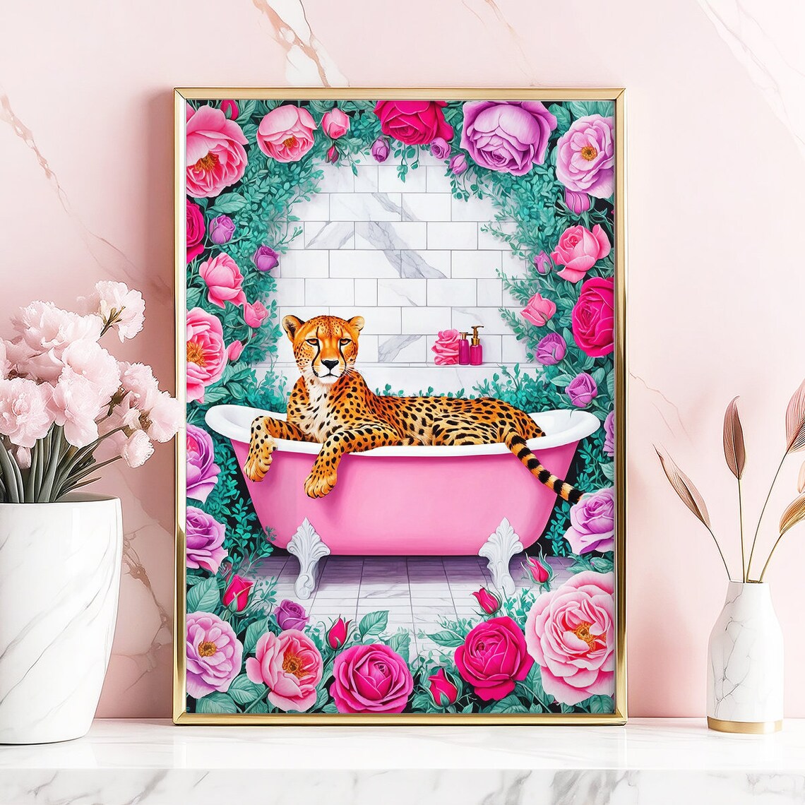Cheetah Pink Bathtub Roses Luxury Funny Bathroom Decor Poster - Image 5