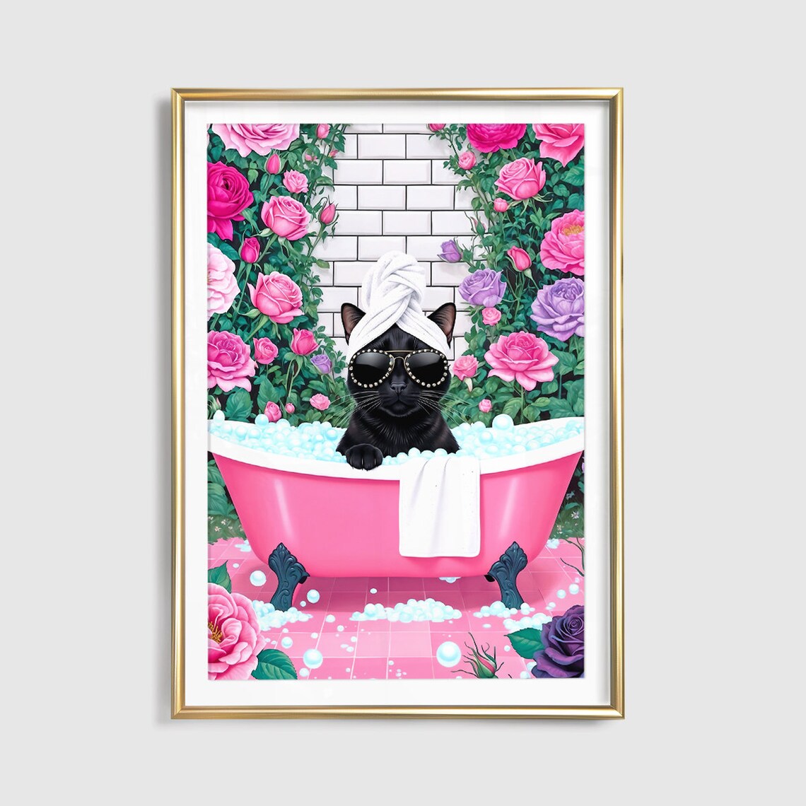 Black Cat Spa Day Sunglasses Pink Bubble Bath Funny Bathroom Poster - Image 5
