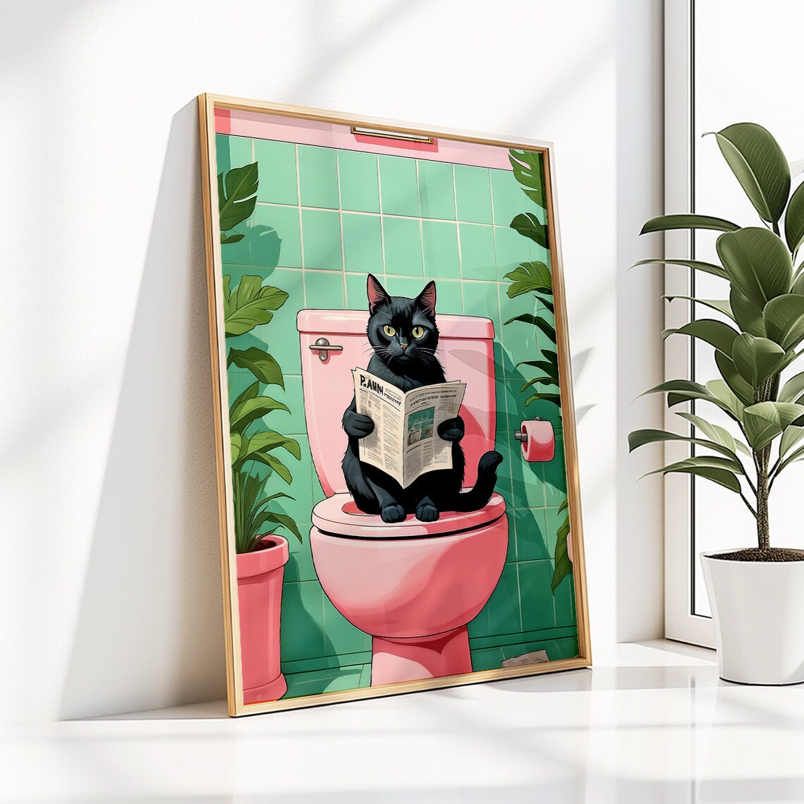 Black Cat On Pink Toilet Reading Newspaper Retro Bathroom Poster - Image 2