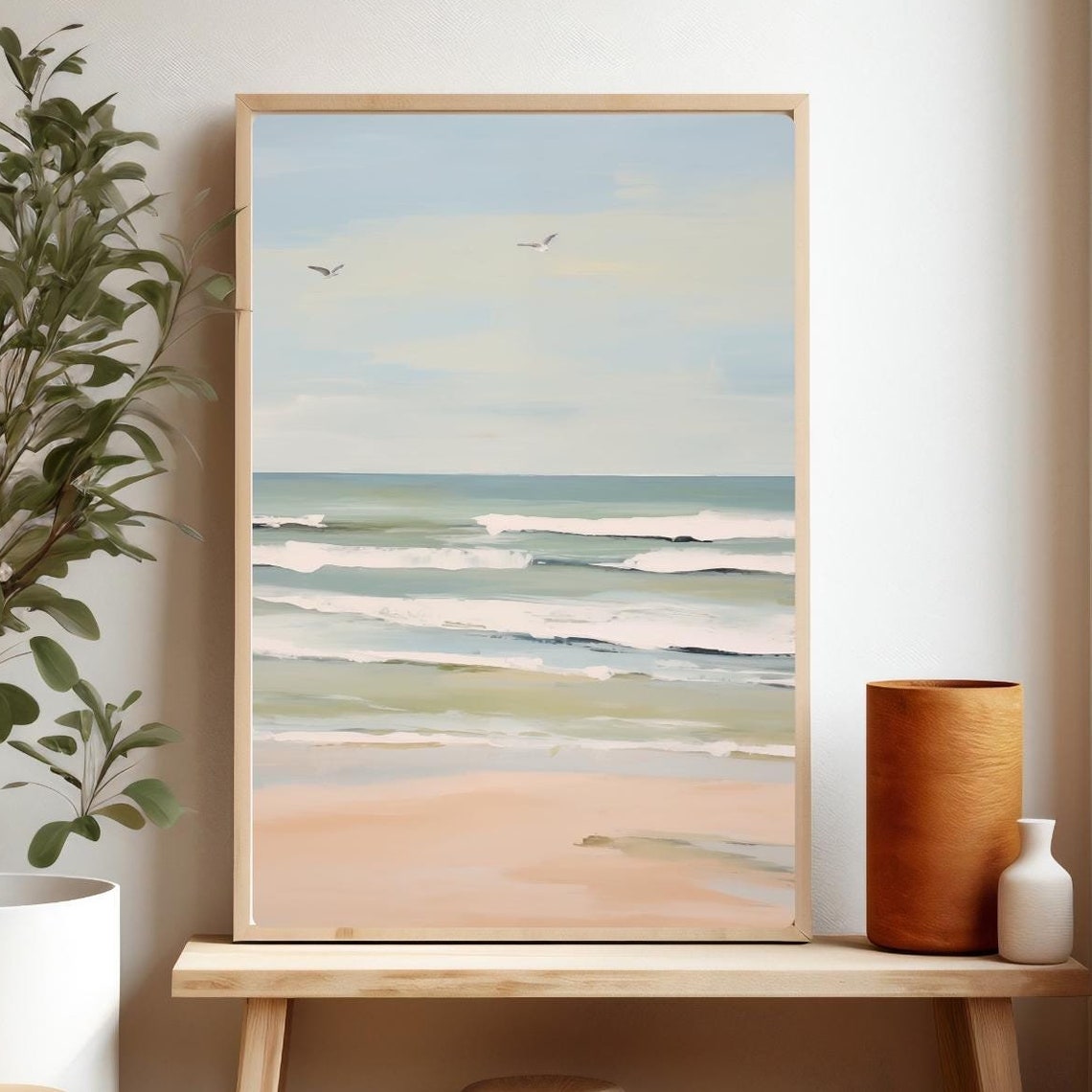 Ocean Wave Beach Painting Seagulls Coastal Morning Shoreline Poster