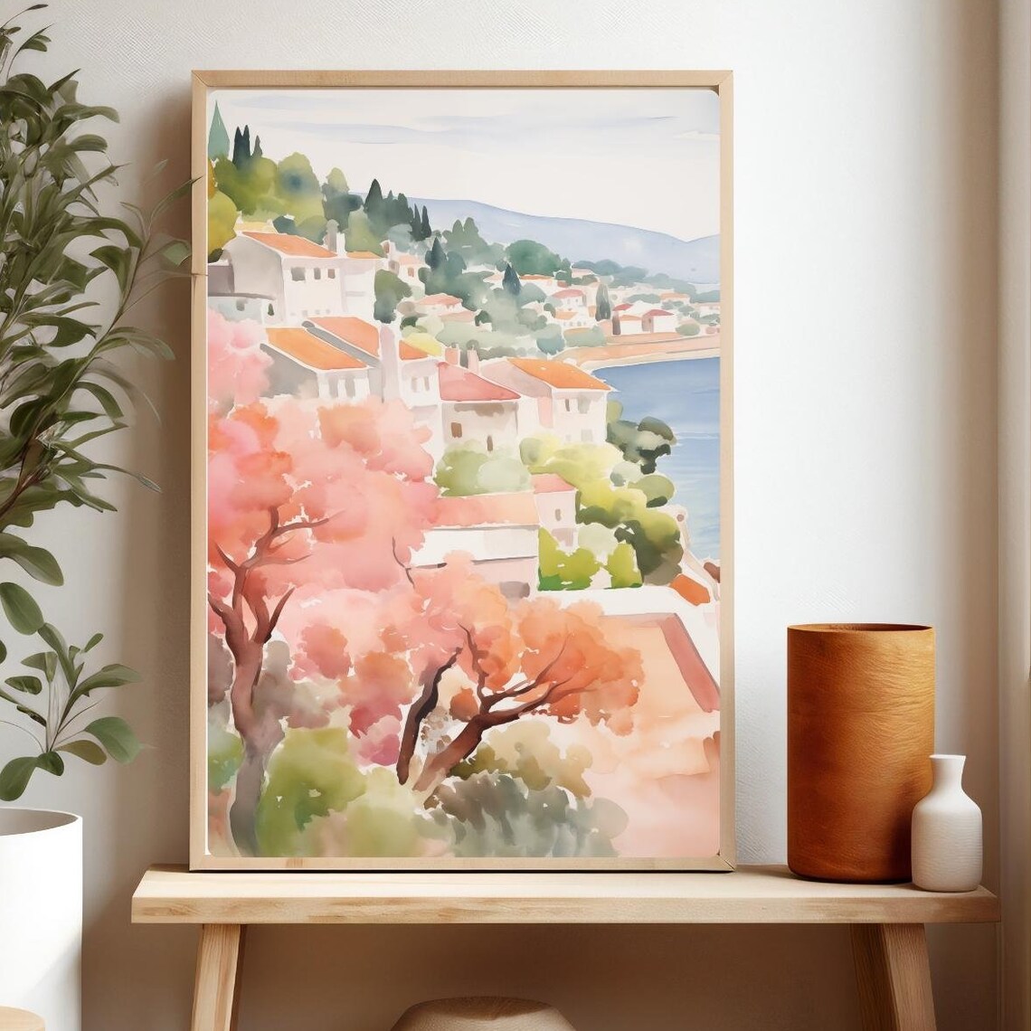 Greek Island Village Watercolor Coastal White Houses Hillside Poster