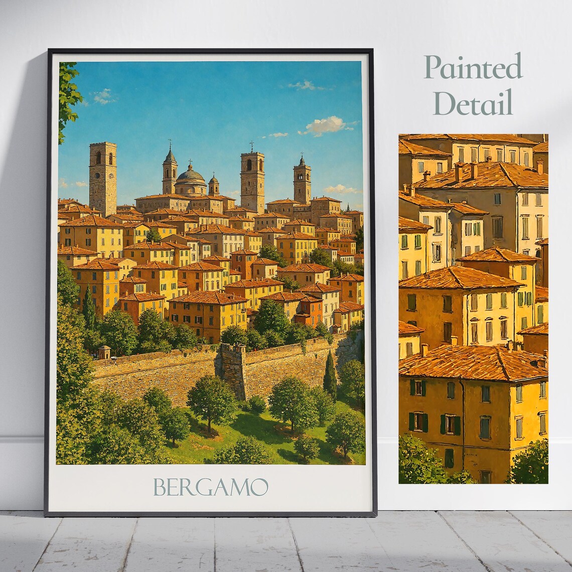 Bergamo Italy Travel Poster Old Town Towers Hill View Painted Scene