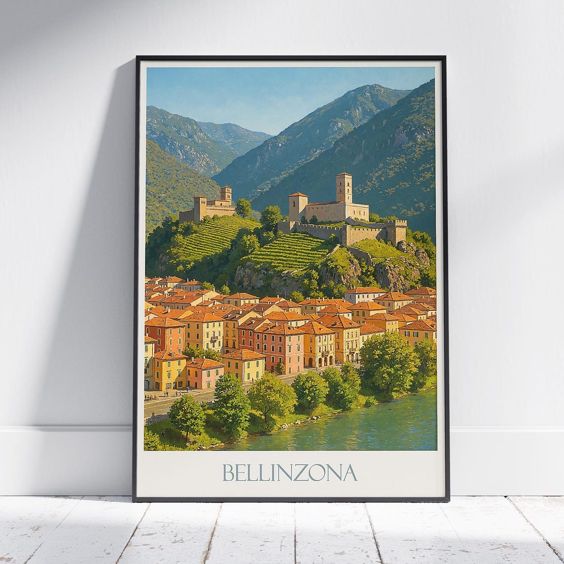 Bellinzona Switzerland Castles Old Town Alpine Valley Travel Poster