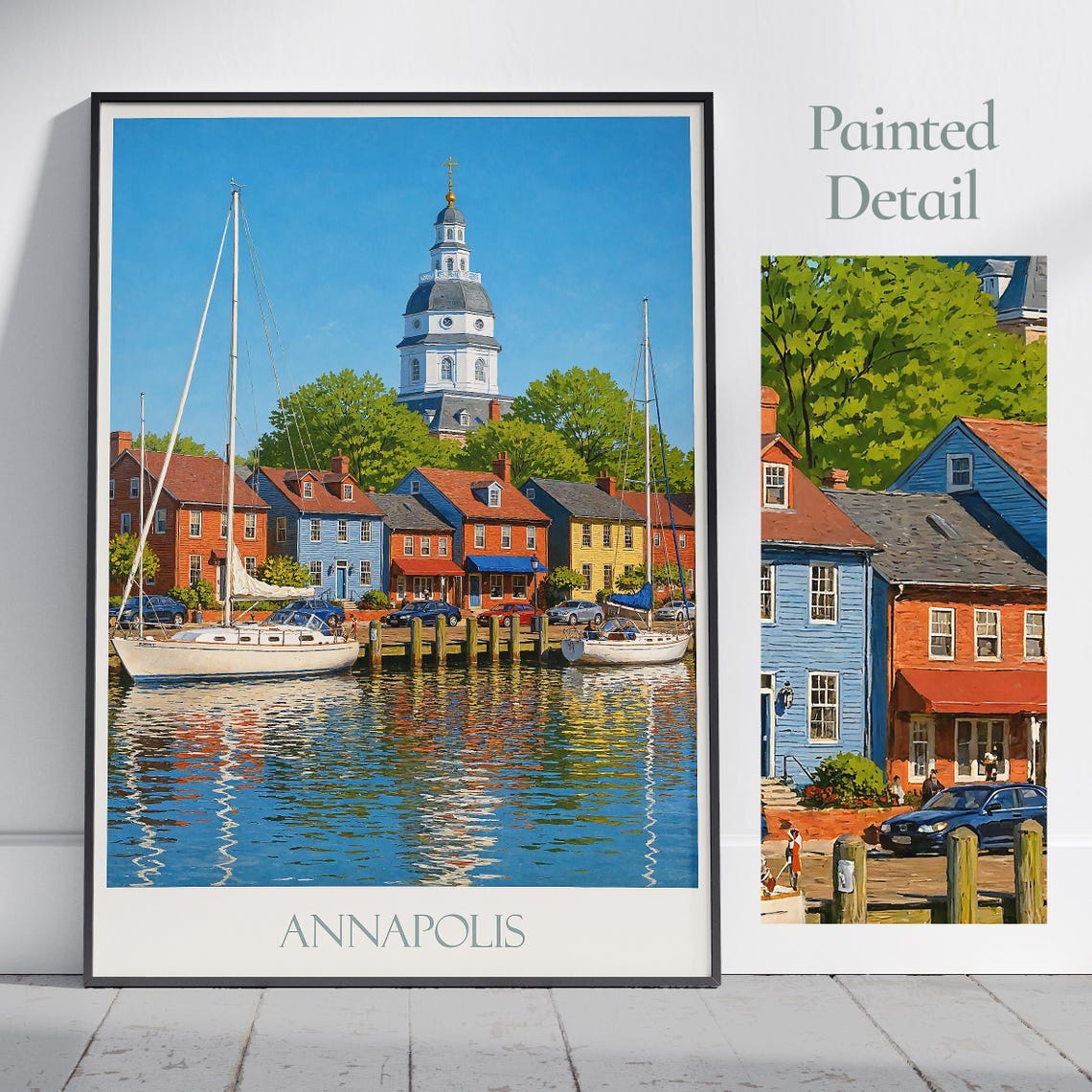 Annapolis Maryland Harbor Sailboats State House Painted Poster