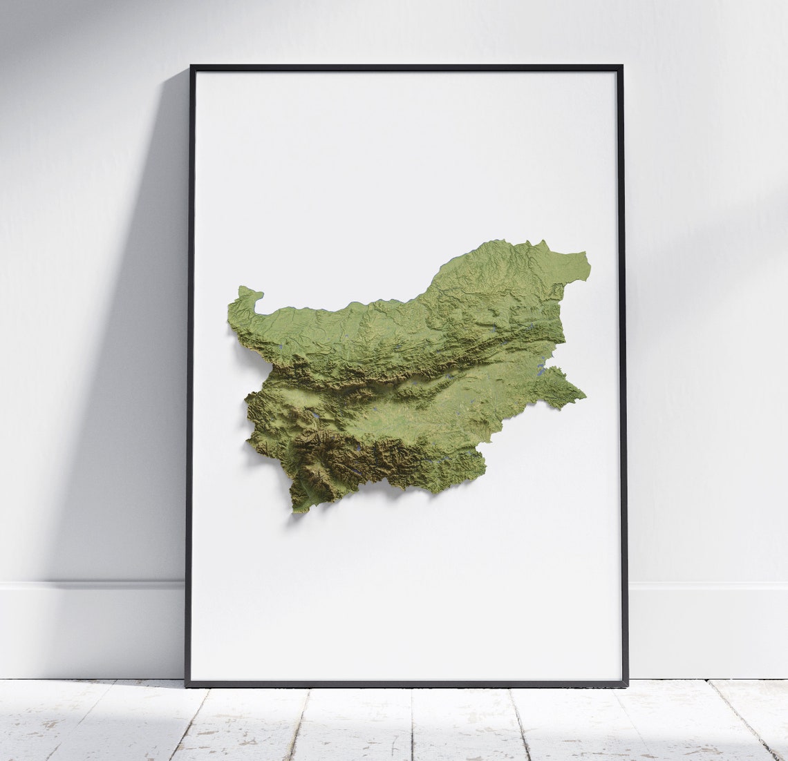 Bulgaria Topographic Relief Map Minimalist Green 3D Terrain Wall Art