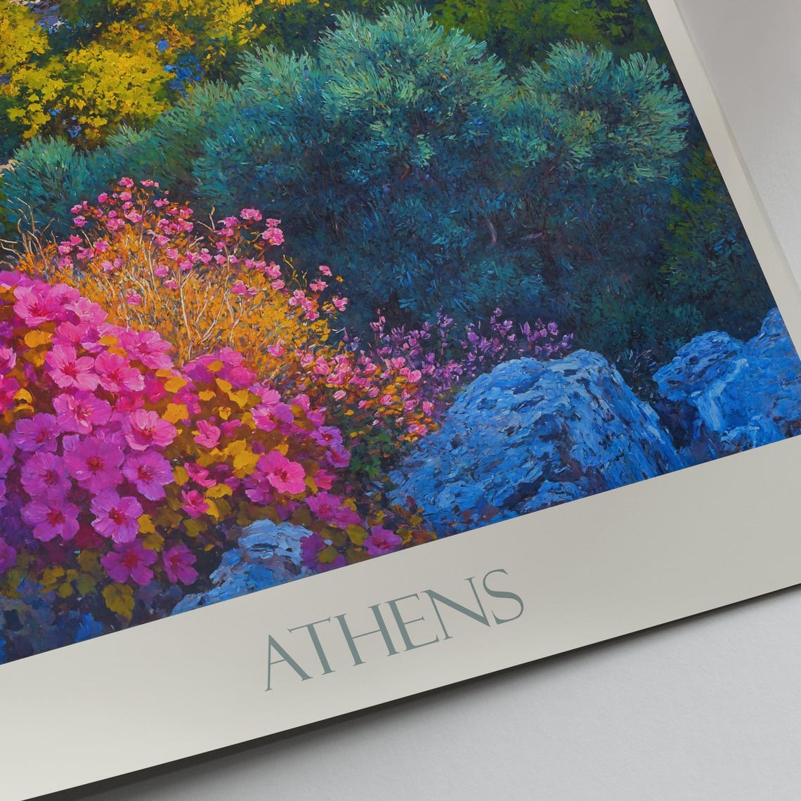 Athens Acropolis Painted View With Bougainvillea And Blue Sky Poster - Image 3