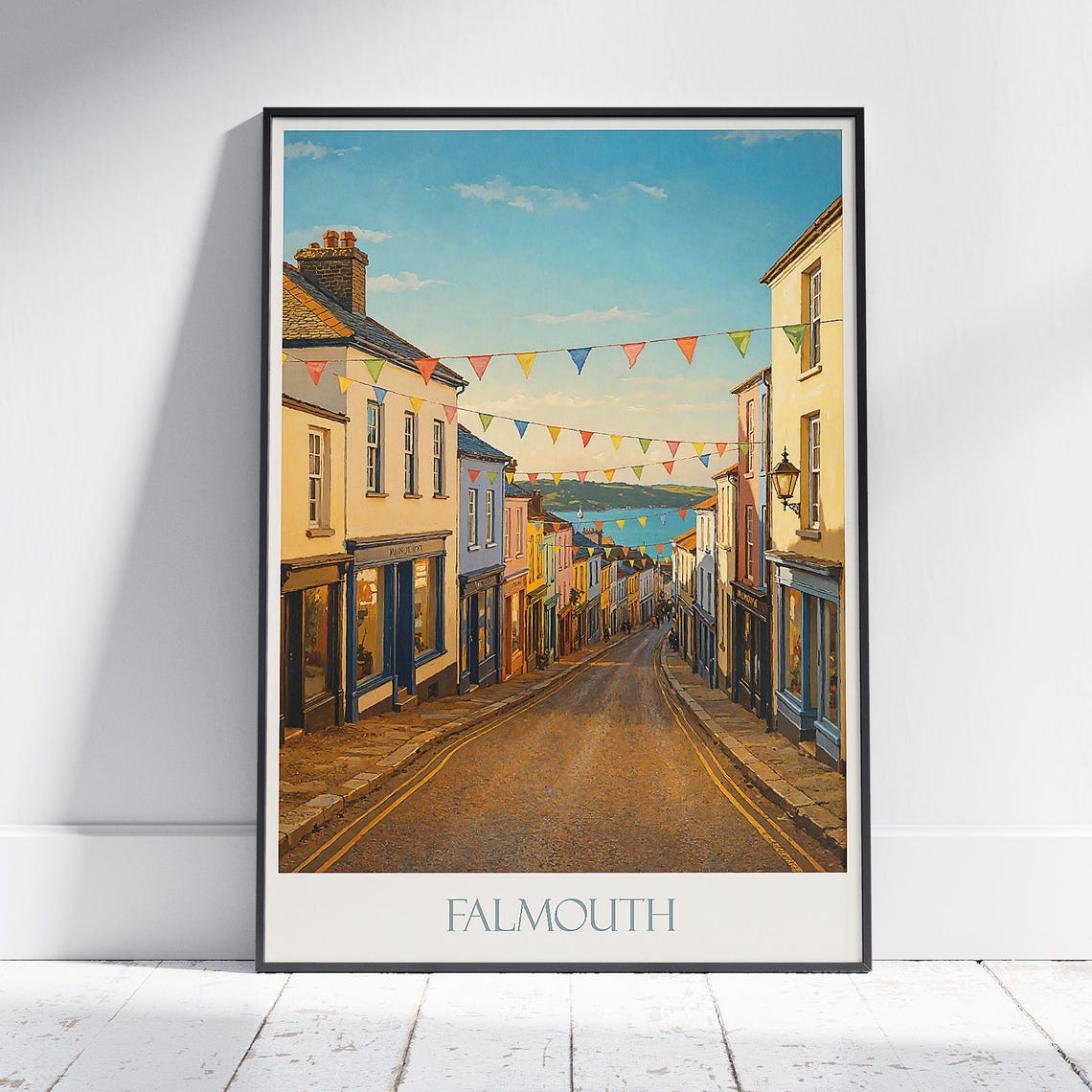 Falmouth Cornwall Festive Street Bunting Harbor Painted Travel Poster