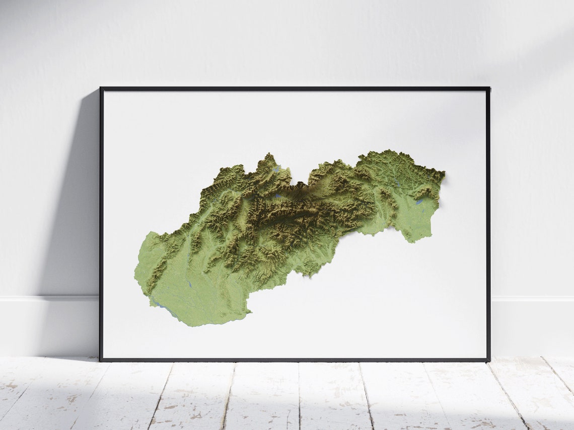 Slovakia 3D Topographic Map Shaded Relief Minimal Green Wall Art