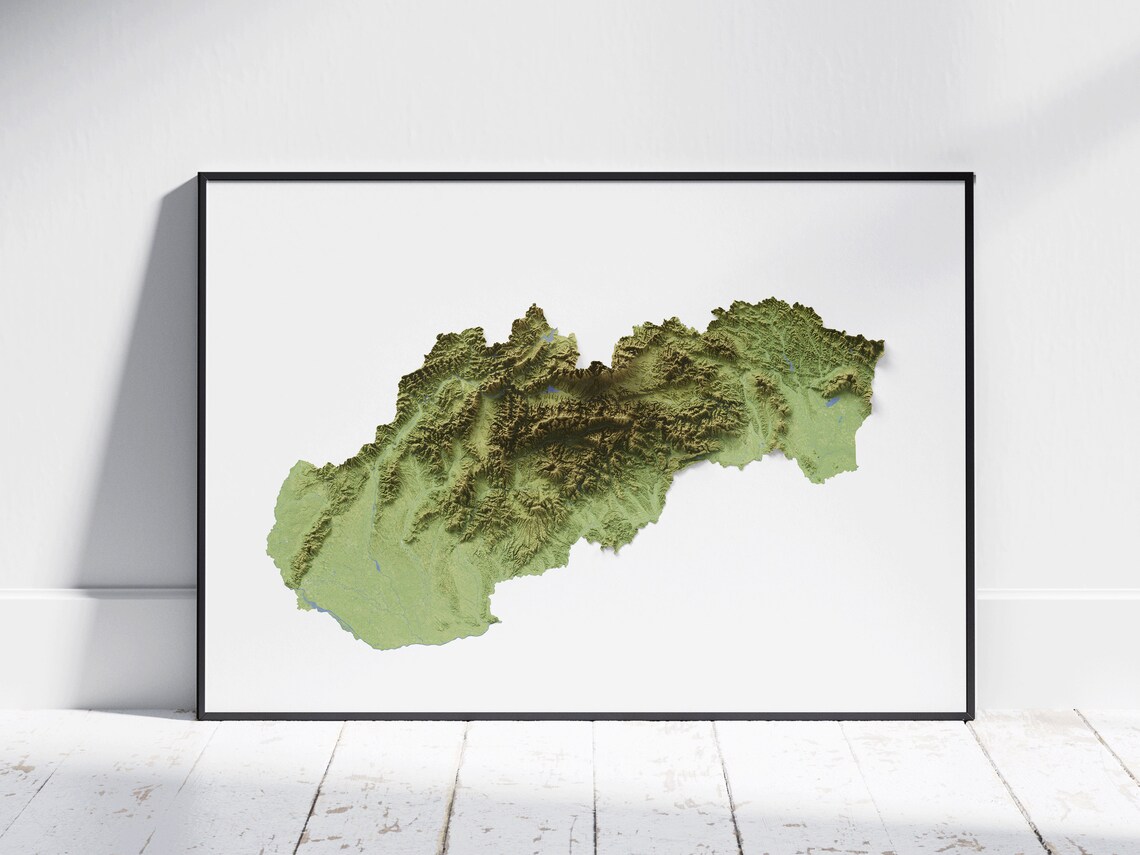Slovakia Map Flat 2d Topographic Print Shaded Poster Wall Art Modern Decor
