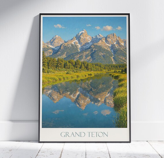Grand Teton National Park Lake Reflection Painted Travel Poster