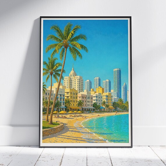 Miami South Beach Vintage Travel Poster Palms and Turquoise Surf