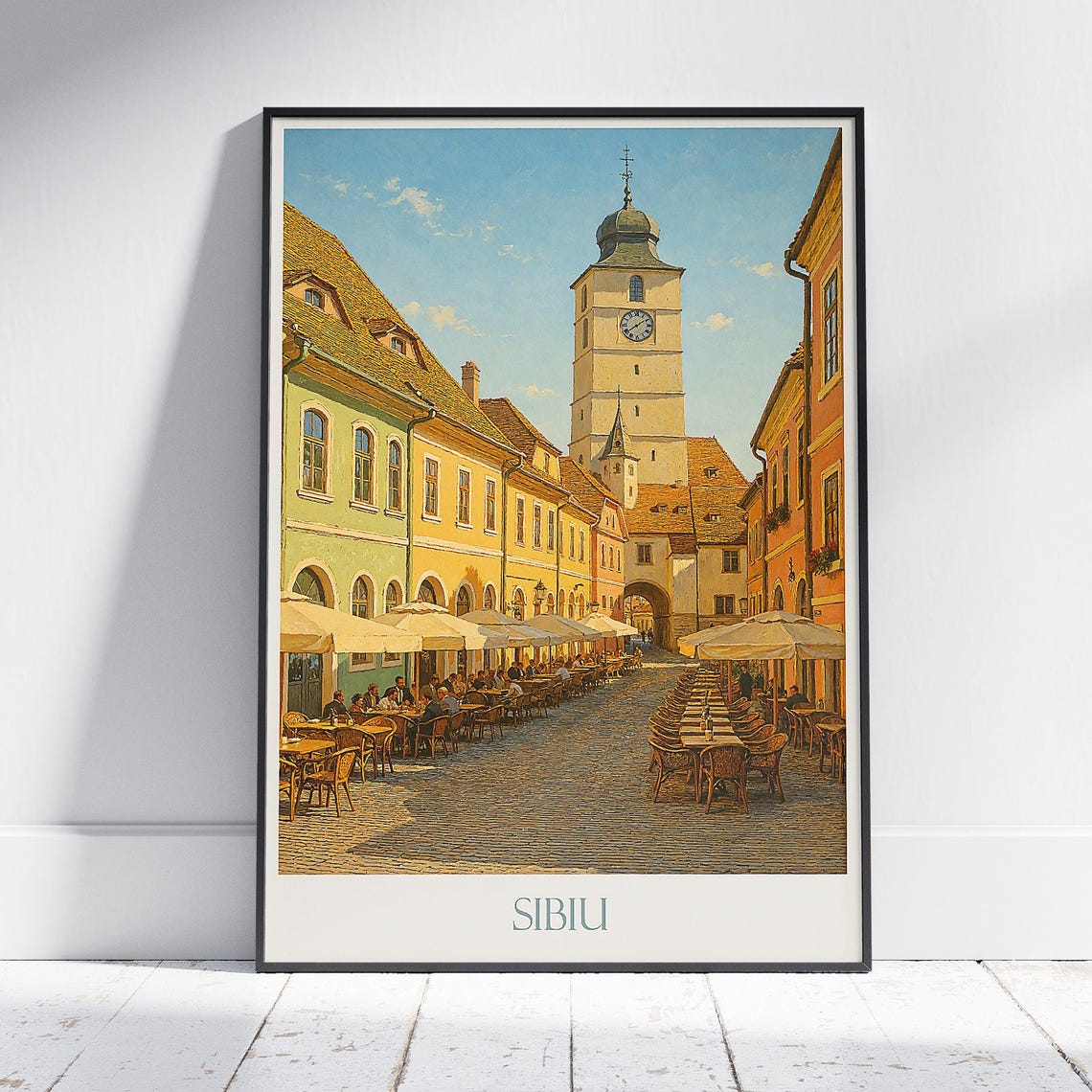 Sibiu Romania Old Town Square Clock Tower Cafe Terraces Travel Poster