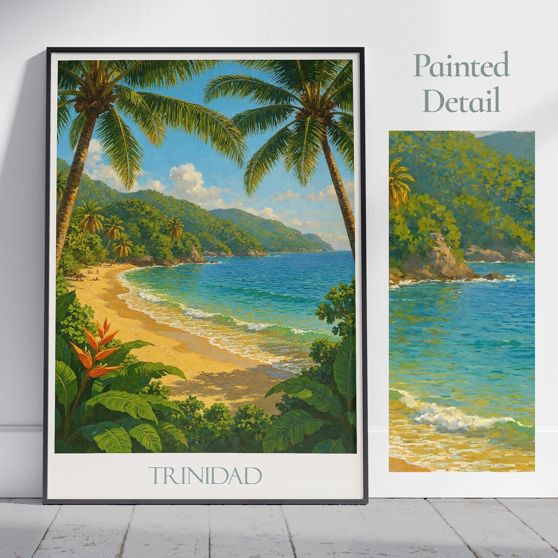 Trinidad Caribbean Beach Travel Poster Tropical Palm Tree Painted Style
