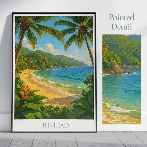 Trinidad Caribbean Beach Travel Poster Tropical Palm Tree Painted Style