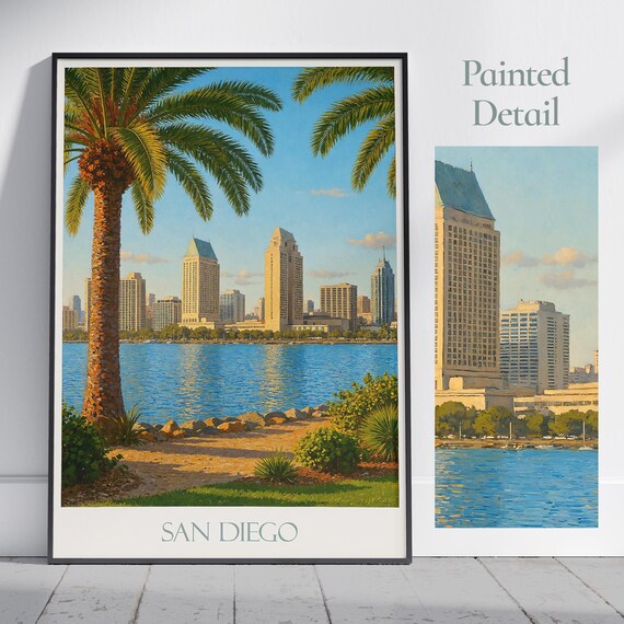 San Diego Skyline Bay Palm Tree Painted California Travel Poster