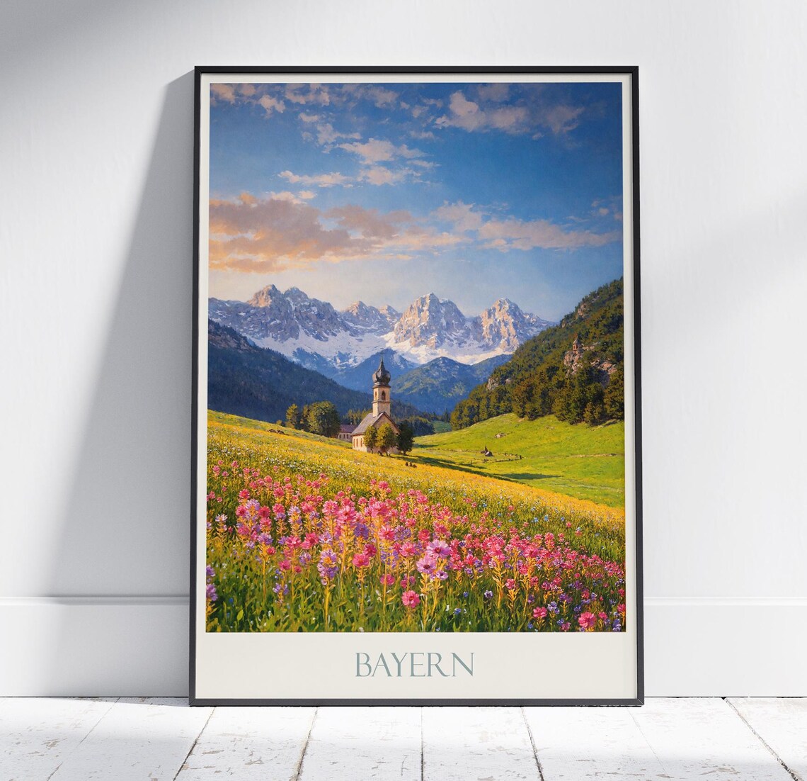 Bayern Alpine Church Wildflower Meadow Mountain Sunset Poster