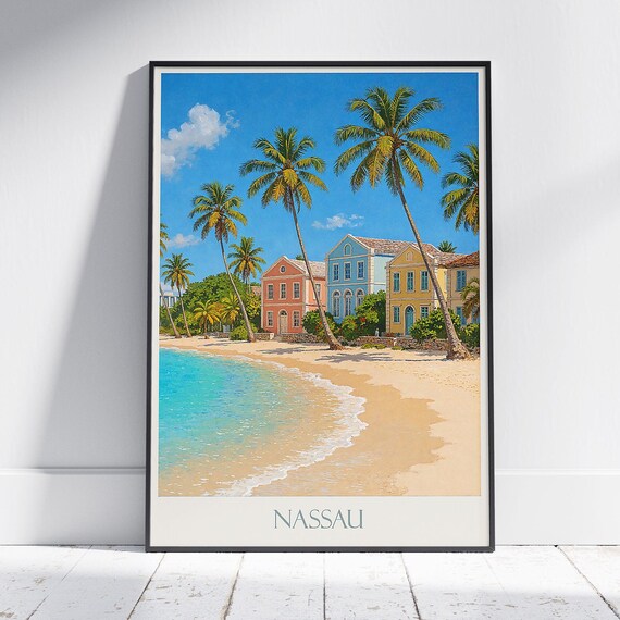 Nassau Bahamas Travel Poster Caribbean Beach Art Print Pastel Houses Wall Decor Tropical Island Home Gift