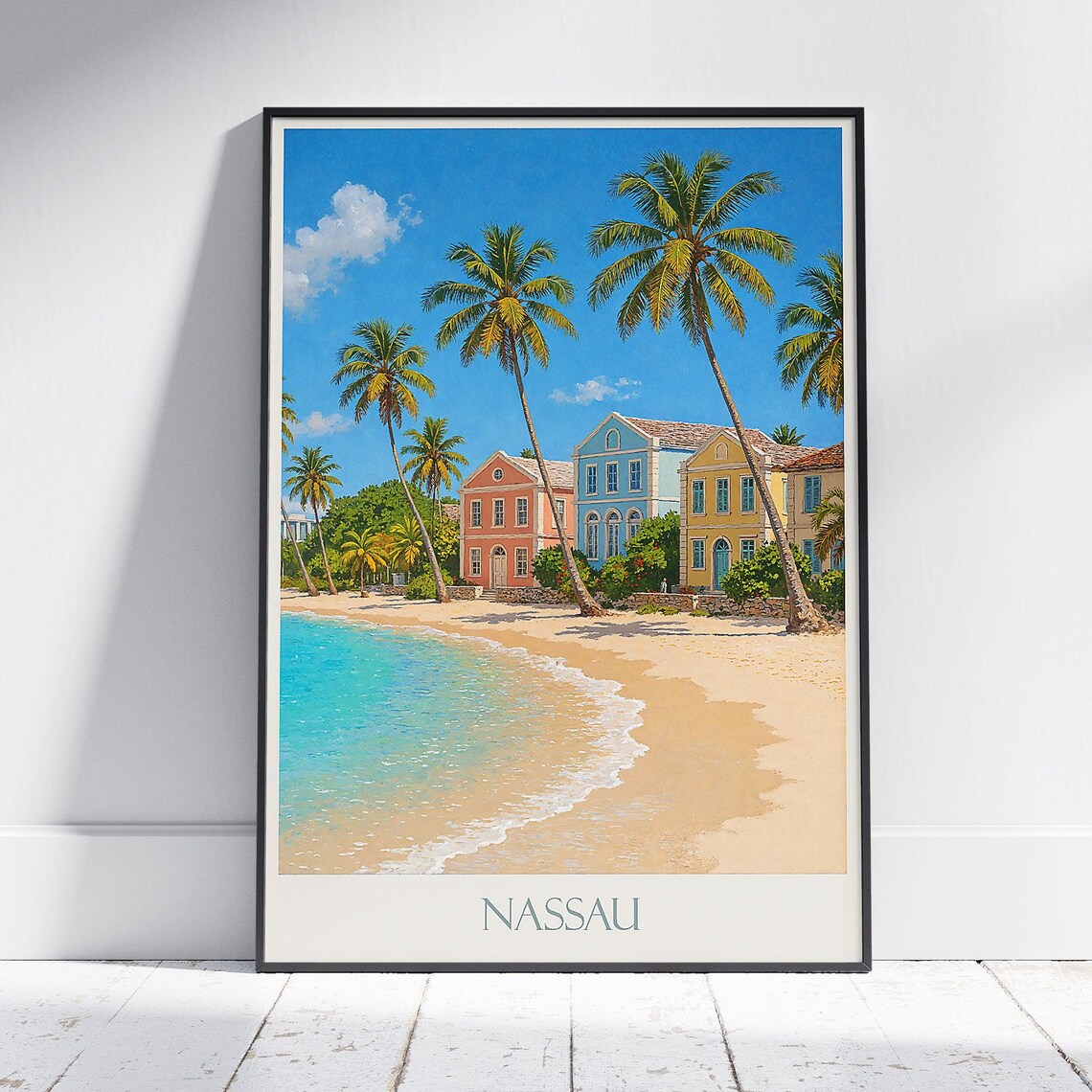 Nassau Bahamas Colonial Houses Palm Beach Vintage Travel Poster