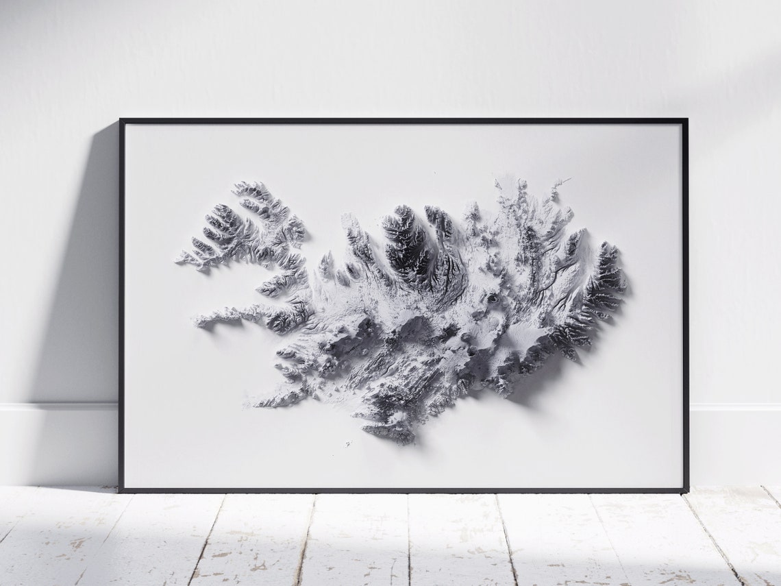Iceland Country Minimalist Grayscale Topographic Relief Map Art Print