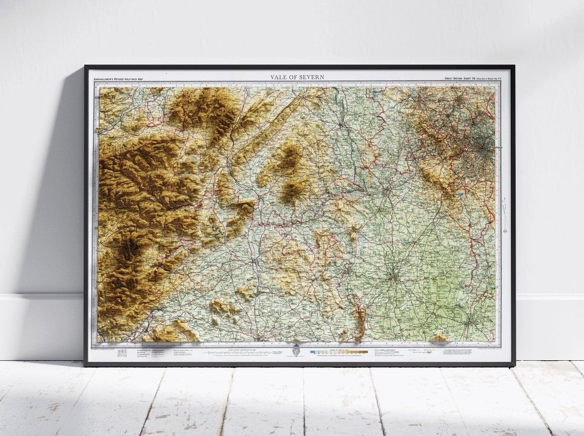 Vale of Severn England Vintage Shaded Relief Topographic Map Poster