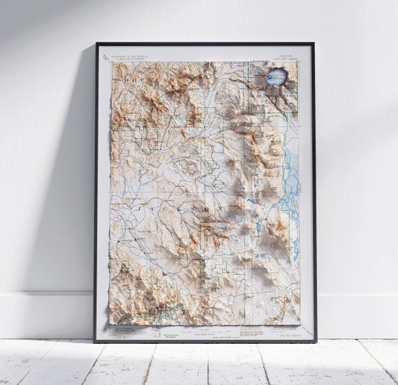 Ashland Crater Lake Oregon Vintage Shaded Relief Flat 2d Map Print Poster Wall Art Decor Topography