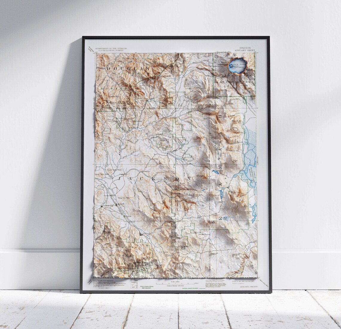 Ashland Oregon Crater Lake Vintage USGS Shaded Relief Map Poster