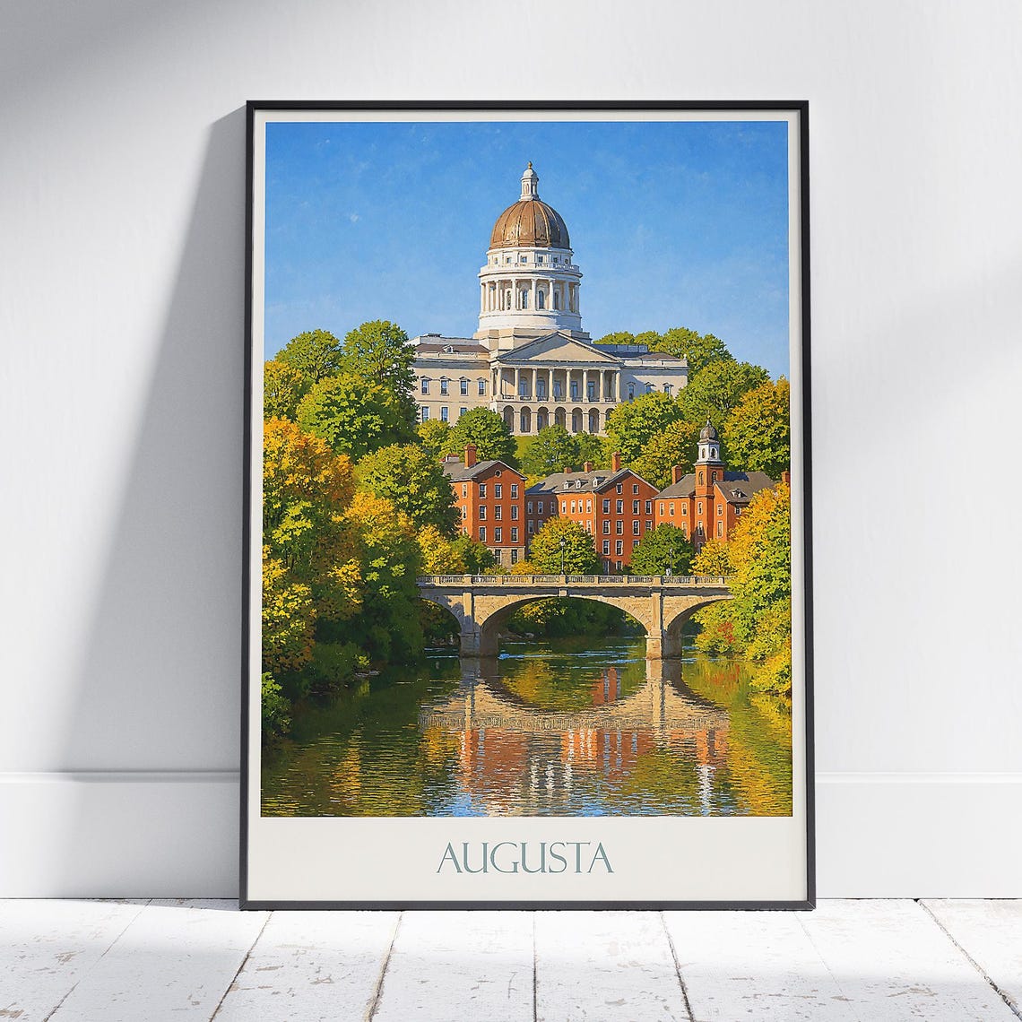 Augusta Maine State House River Bridge Autumn Scenery Travel Poster