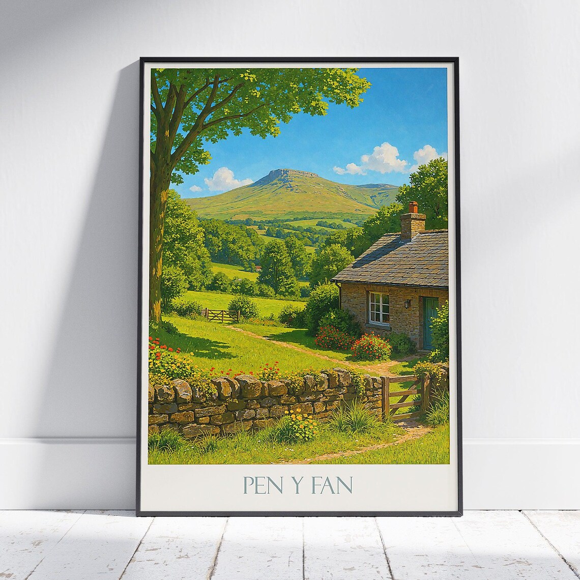 Pen Y Fan Wales Travel Poster Stone Cottage Mountain Brecon Beacons