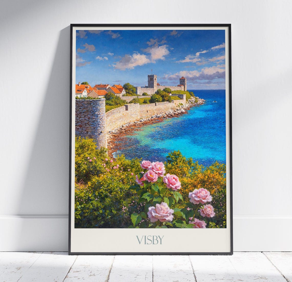 Visby Gotland Sweden Medieval City Walls Roses Travel Poster Art