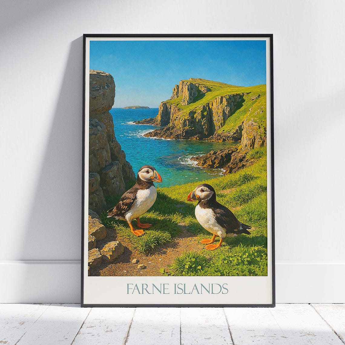 Farne Islands Puffins Coastal Cliffs Seabirds Wildlife Travel Poster