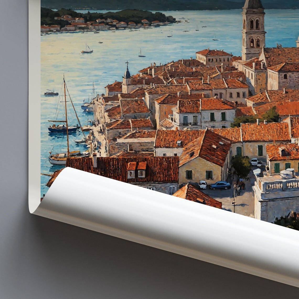Trogir Croatia Coastal Old Town Harbor Island Sunset Painted Poster - Image 3