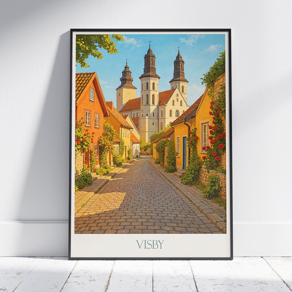 Visby Sweden Cobblestone Street Cathedral Rose Old Town Travel Poster