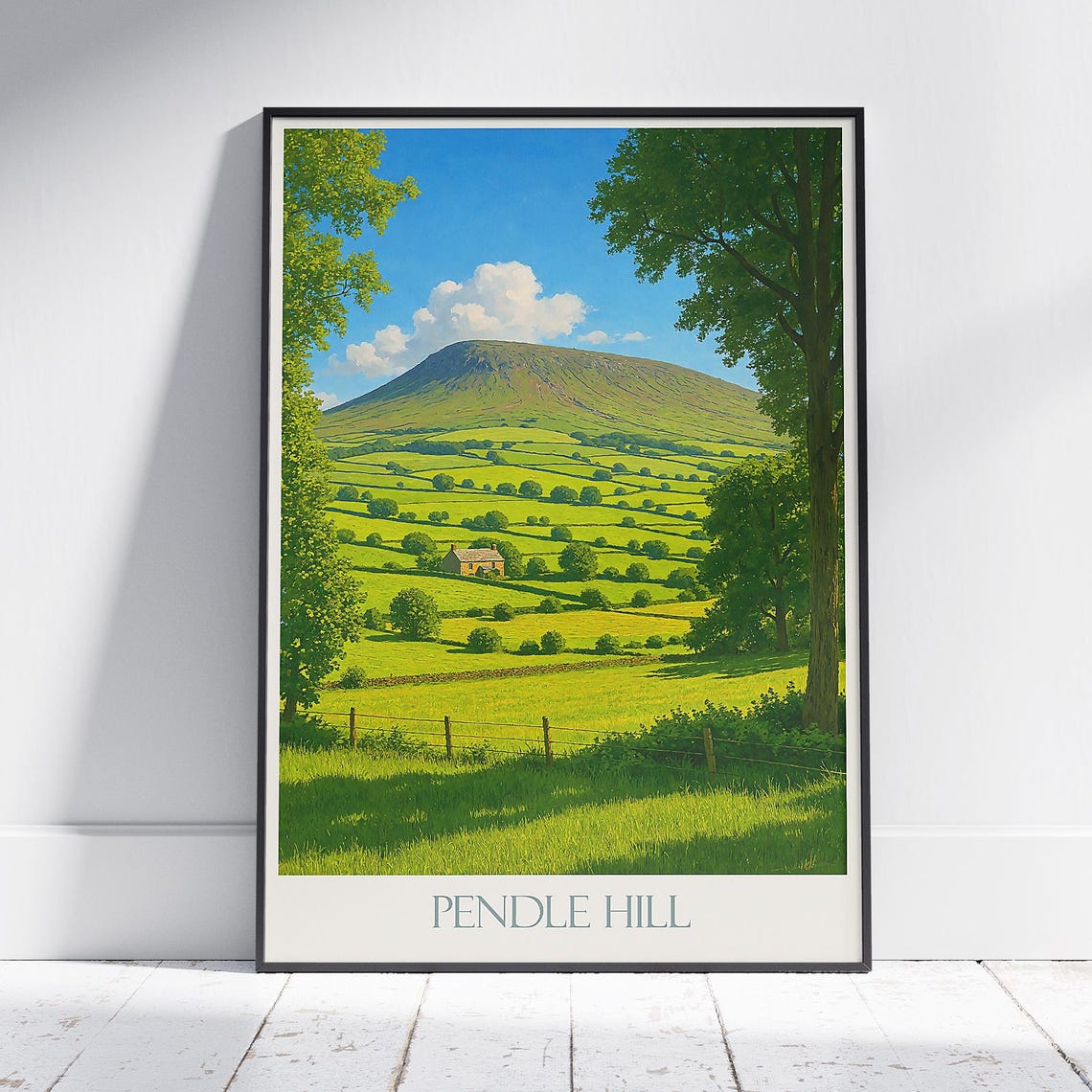 Pendle Hill Lancashire Rolling Green Fields Vintage England Poster