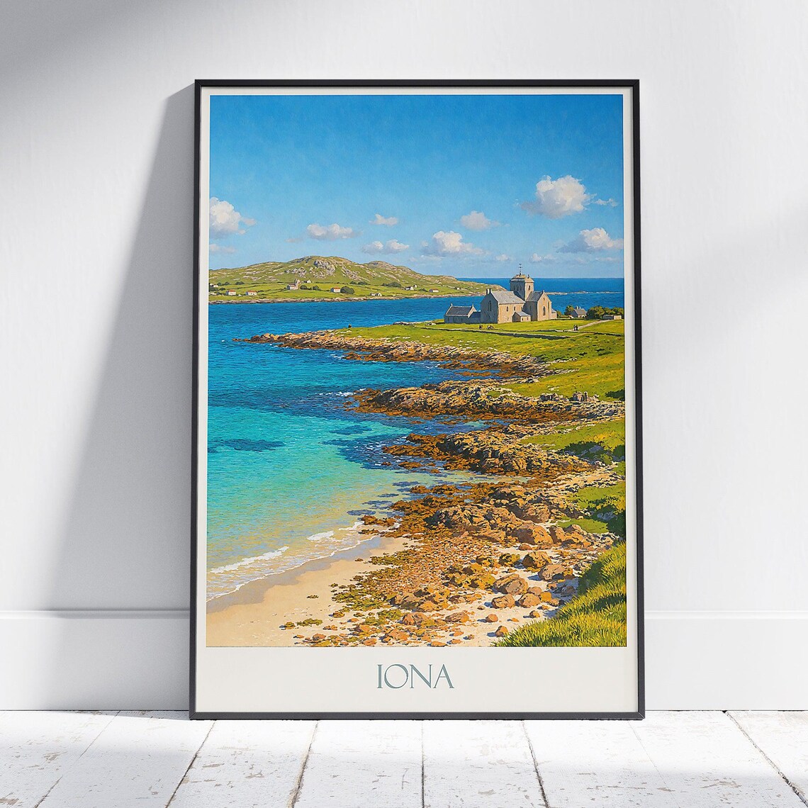Isle of Iona Scotland Abbey Rocky Coast Turquoise Sea Travel Poster