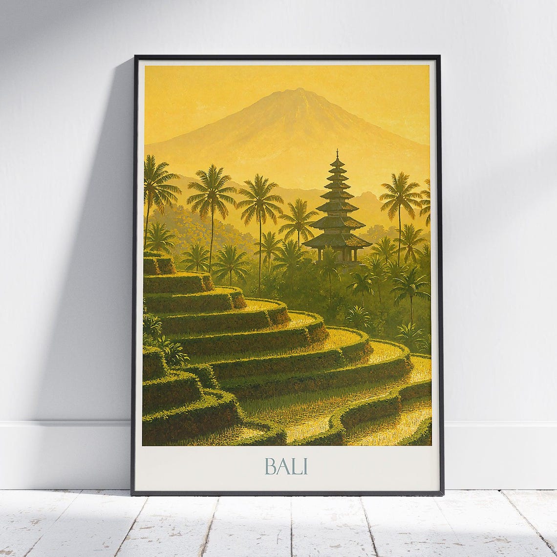 Bali Rice Terraces Temple Pagoda Golden Volcano Sunset Travel Poster