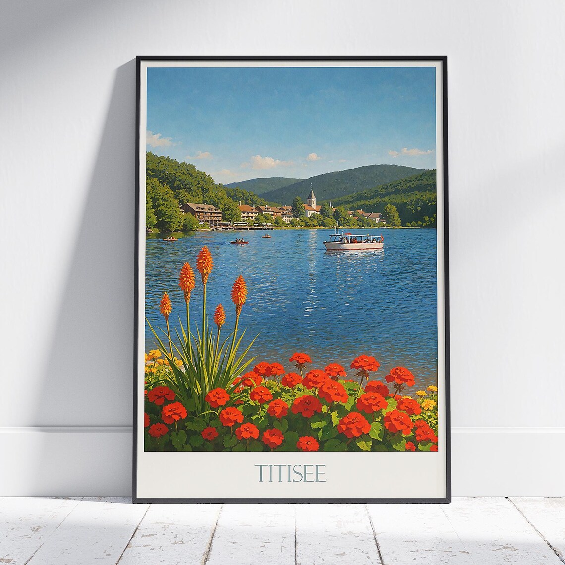 Titisee Germany Lake Flowers Boats Black Forest Travel Poster