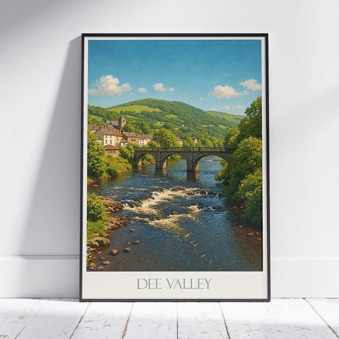Dee Valley Wales Stone Bridge River Village Vintage Travel Poster