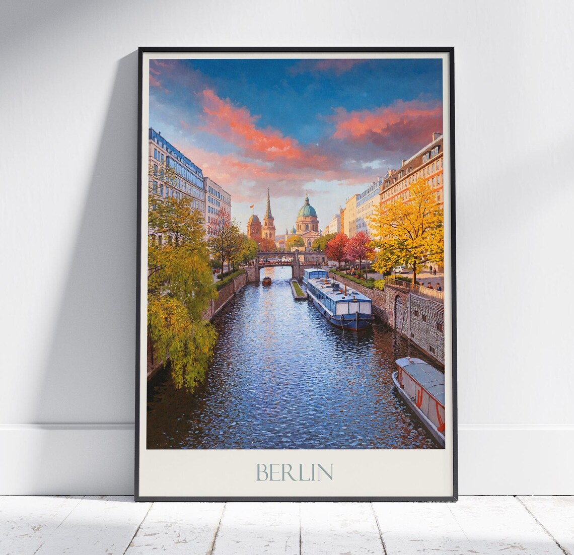 Berlin Canal Sunset Boats Cathedral Pink Evening Sky Travel Poster