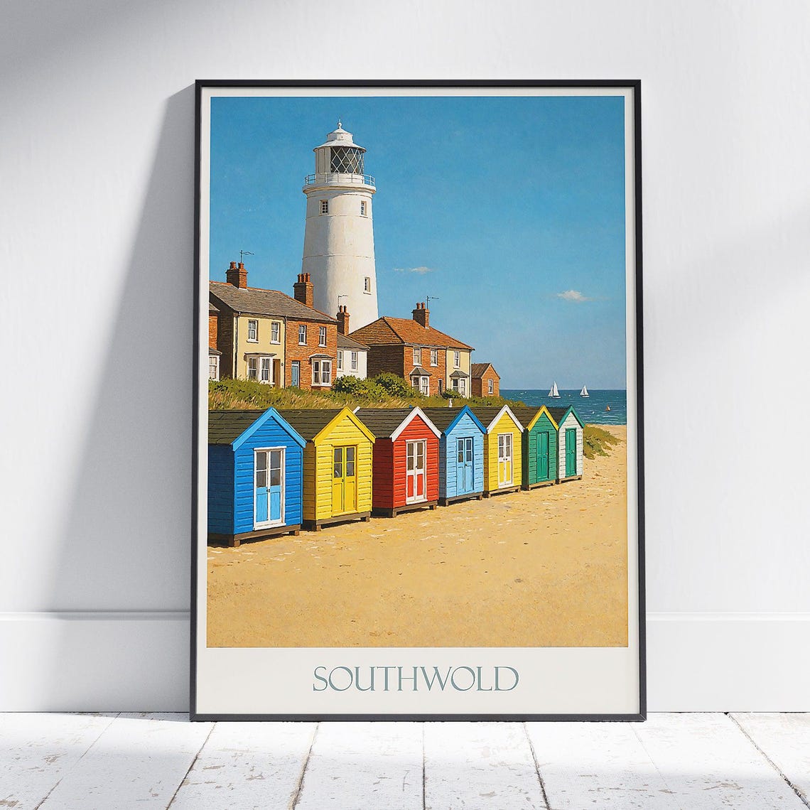 Colorful Southwold Suffolk Lighthouse And Beach Huts Seaside Poster